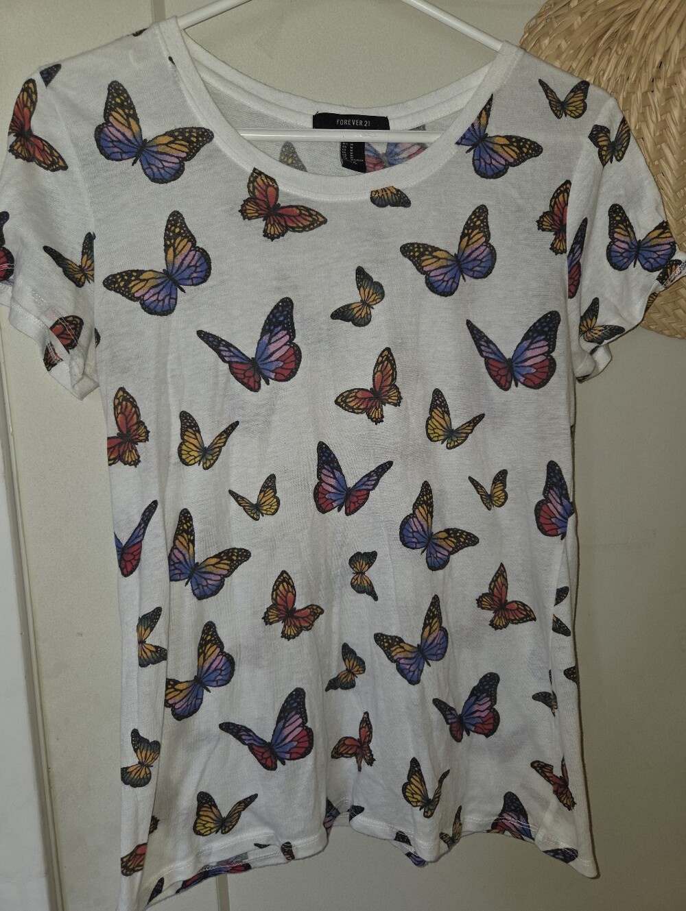 Forever 21 White Short Sleeve Tee with Multicolor Butterfly Print